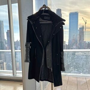 RUDSAK Black Coat with Leather Accents and Detachable Fur Collar